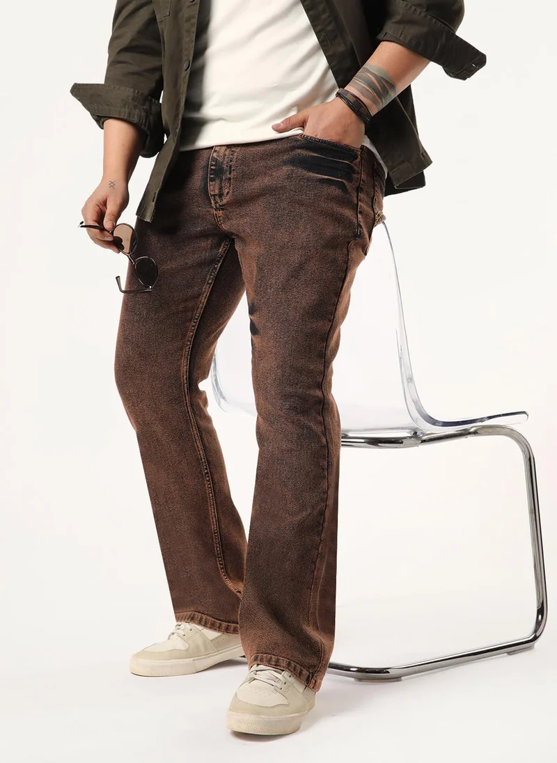 أوربانو فاشن Urbano Plus Men's Light Brown Bootcut Fit Mid Rise Acid Wash Jeans Stretchable
